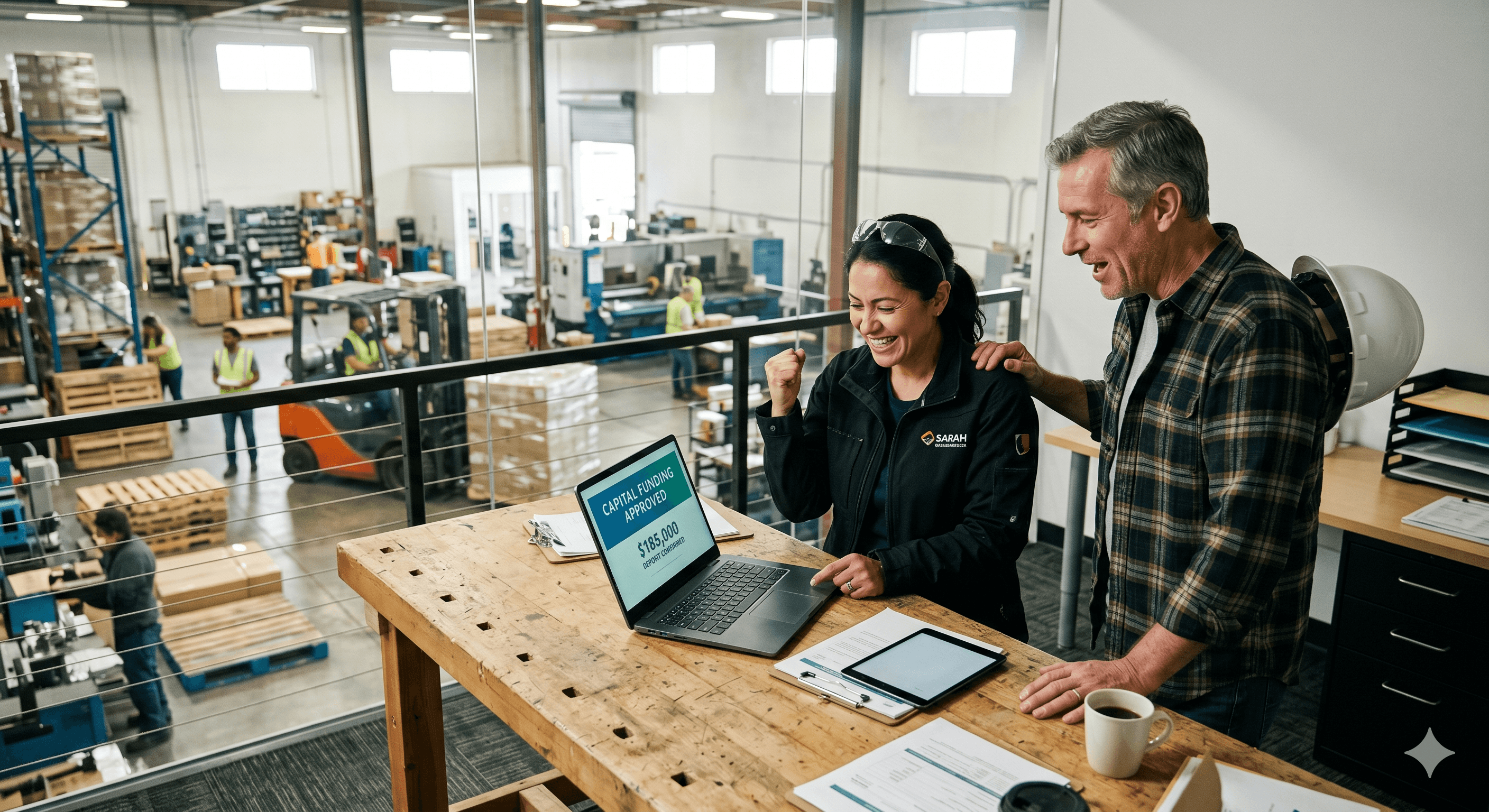 Business owner celebrating capital funding approval in manufacturing facility