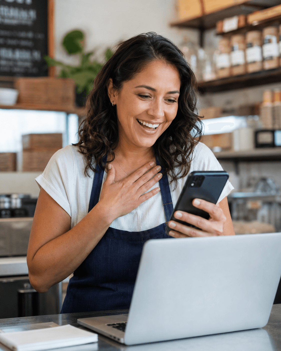 Small business owner celebrating funding approval